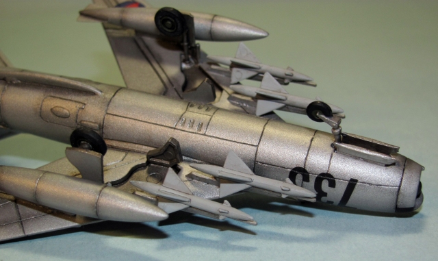 This underside view shows the effect of the preshading on the belly. I outlined the missiles' surfaces in pencil, like the decals.